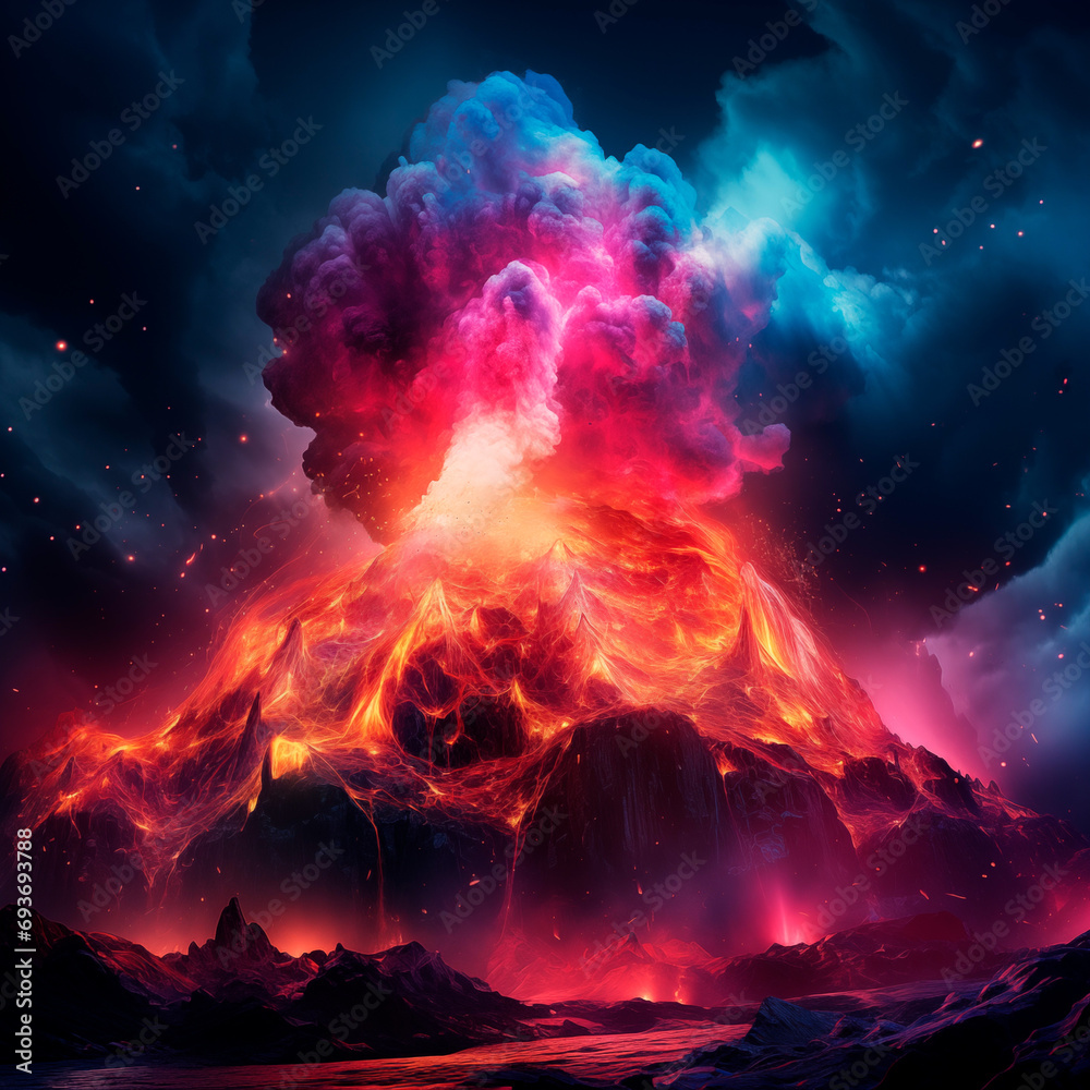 Volcan erupcion explocion de colores neon  - obrazy, fototapety, plakaty 