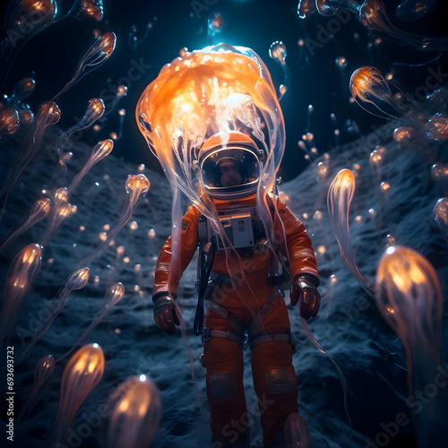 Clpse up shot of an astronaut holding a glowing Jelly fish  in deep space 