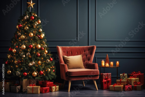 Dark Christmas interior, panelled walls in rich grey color, decorated Christmas tree in front of the wall