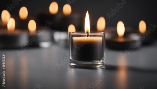 Burning candles in glass on grey table  closeup. Space for text