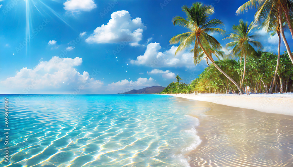 plage vacances paradisiaque soleil palmier ciel bleu - obrazy, fototapety, plakaty 