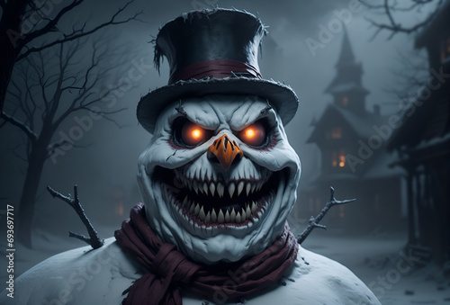 Spooky scary snowman. Horror in the north pole: when the snowman turned evil 