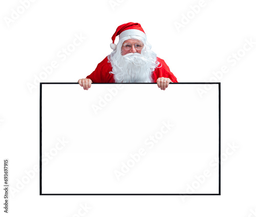 Santa Claus is holding and pointing the white blank sign for seasonal promotion sale and announcement board advertisement isolated on white background for commercial usage © Akarawut