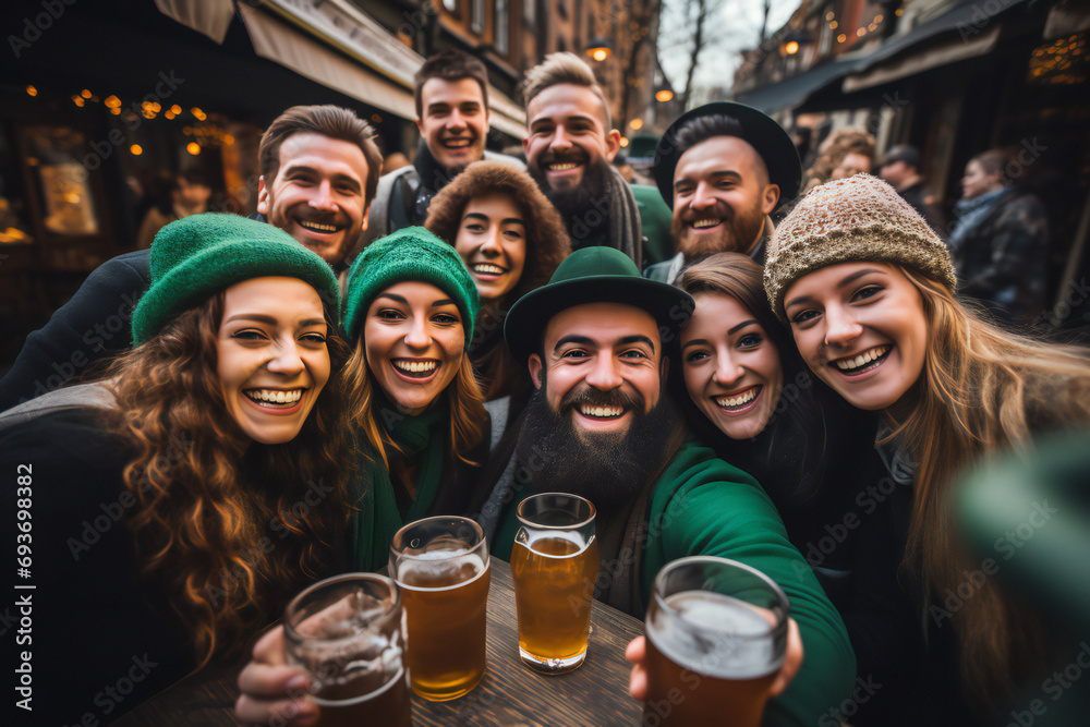 Happy people in St Patrick's Day outfits with beer taking selfie in city. St Patrick day. green beer and coins. Glasses of lager beer, a hat and coins with shamrock. 