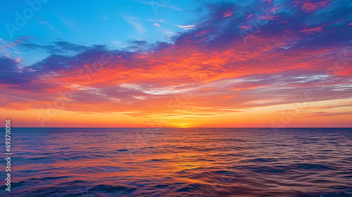 The sunrise over the ocean, painting the sky in shades of orange and blue