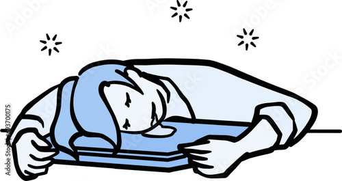 パソコンを枕によだれがでるほど爆睡する女性の単色イラスト