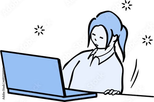 パソコン画面の前でがっくり椅子から滑り落ちそうな女性の単色イラスト