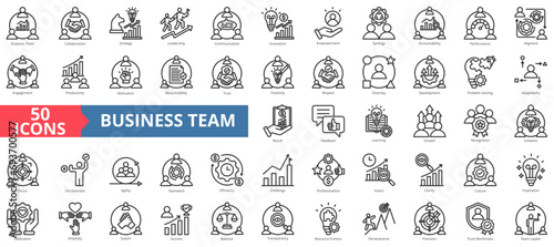 Business team icon collection set. Containing collaboration,strategy,leadership,communication,innovation,empowerment,synergy icon. Simple line vector illustration.