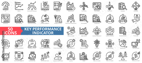 Key performance indicator icon collection set. Containing metrics,performance,indicator,targets,objective,measurement,improvement icon. Simple line vector illustration.
