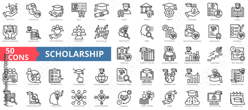 Scholarship icon collection set. Containing financial aid,tuition assistance,grant,fellowship,award,bursary,stipend icon. Simple line vector illustration.