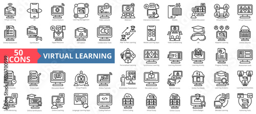 Virtual learning icon collection set. Containing blended learning,lms,gamification,ebooks,coaching,mentoring,course icon. Simple line vector illustration.