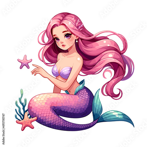illustration of the mermaid with pink hair, featured in a playful pose and set against a white background