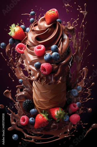 Chocolate ice cream cone with fruits
