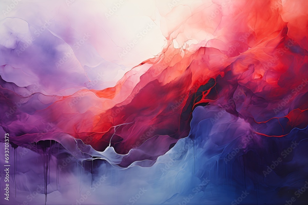 mountain red purple cloud fluid dynamic forms ash abstract spiritual background oil paint spray mystic unity miles blue violet toned flowing rhythms - obrazy, fototapety, plakaty 