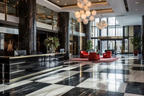 Opulent Modern Hotel Lobby with Chic Decor and Ambient Lighting photo