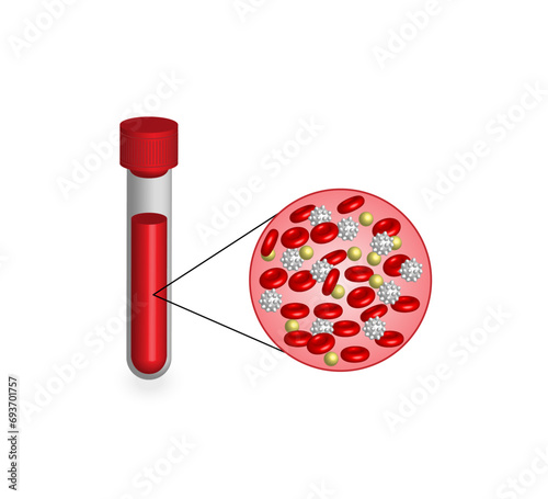 Blood Composition. Platelets, red blood (erythrocytes) and white blood cells (leukocytes). Medical test tube, Glassware or flask. Vector educational illustration.