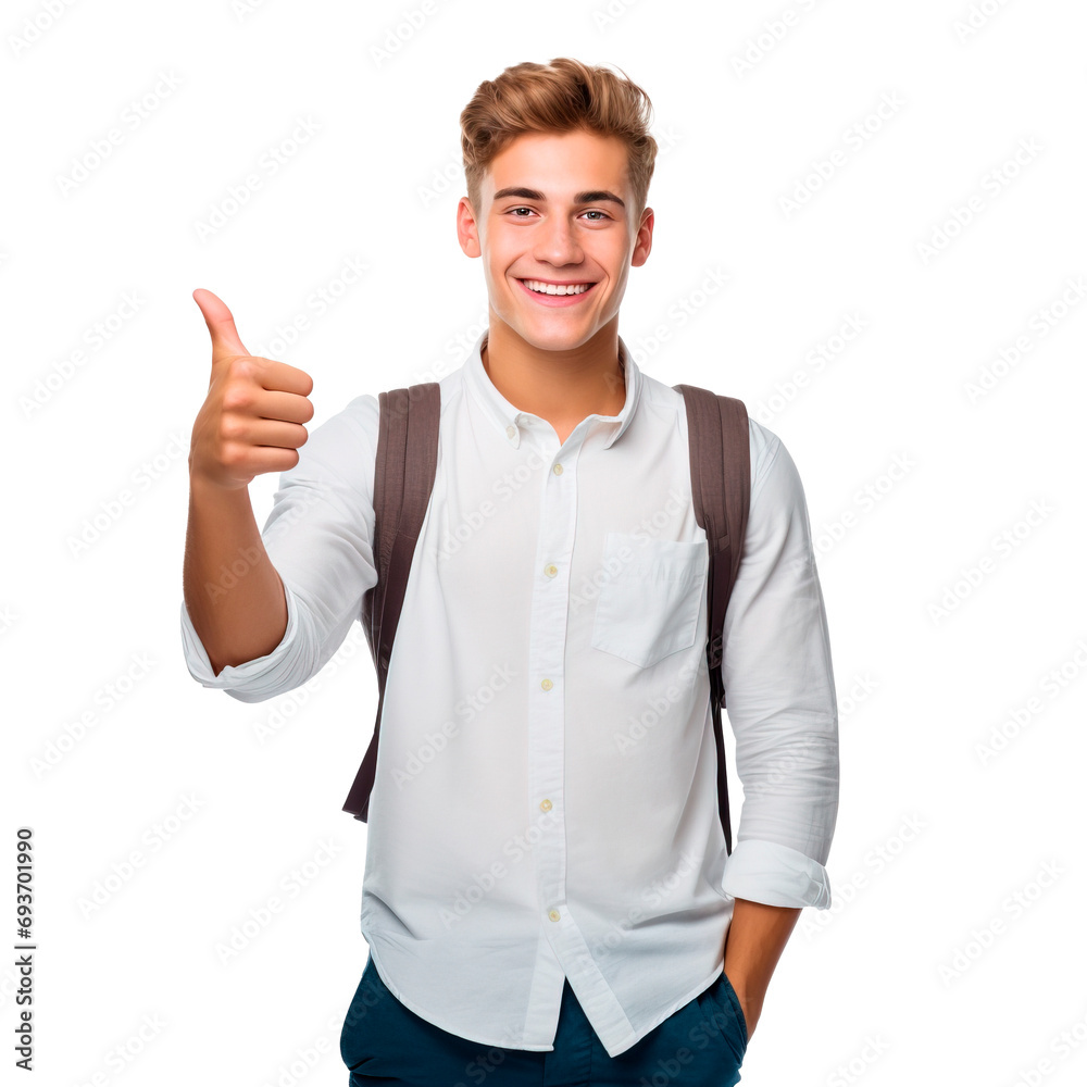 Optimistic senior high school teenage boy doing thumbs up over white transparent background Optimistic senior high school teenage boy doing thumbs up over white transparent background
