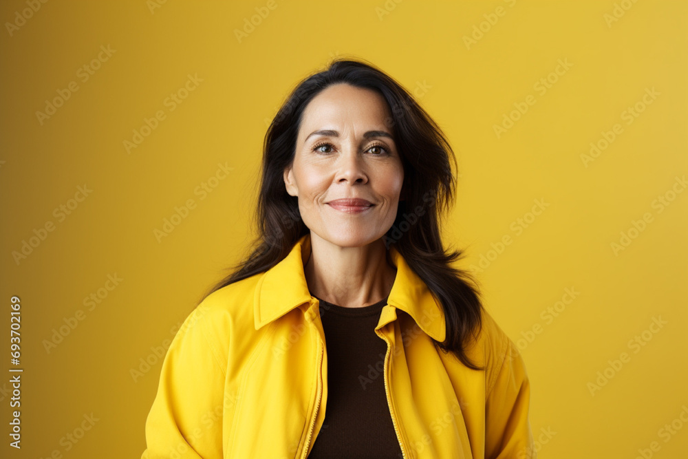 medium shot portrait photography of a woman in her 40s against a light yellow background medium shot portrait photography of a woman in her 40s against a light yellow background