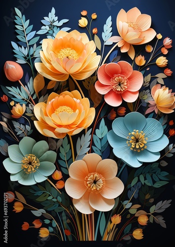 bouquet paper flowers leaves berries orange cyan lighting solid colored shapes layered entirely gradients dichromatism photo