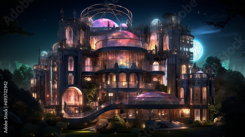 Fotografering An opulent circular mansion, with its balconies and archways glowing in intricat