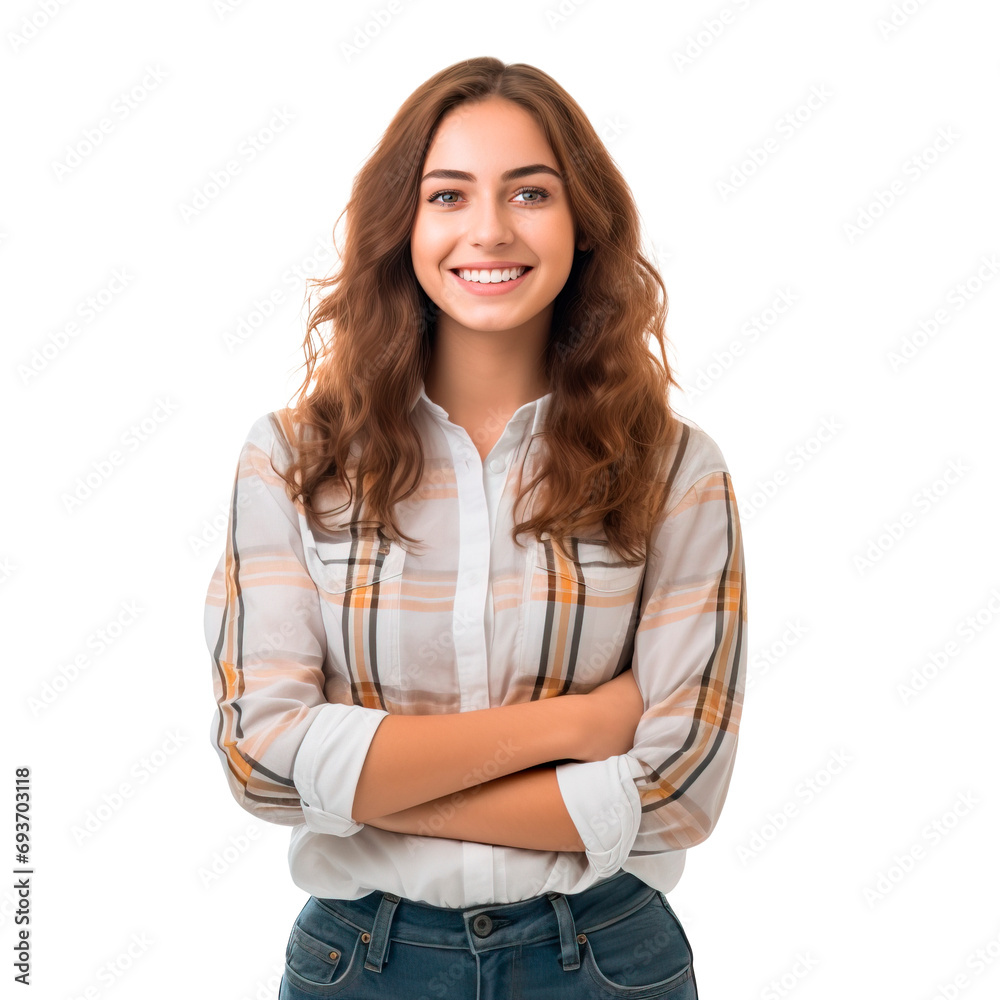 Young Caucasian woman standing with arms crossed over isolated transparent background Young Caucasian woman standing with arms crossed over isolated transparent background