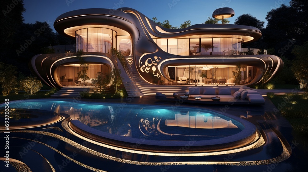 An opulent house with rounded contours, featuring neon lighting that creates complex, mandala-inspired patterns