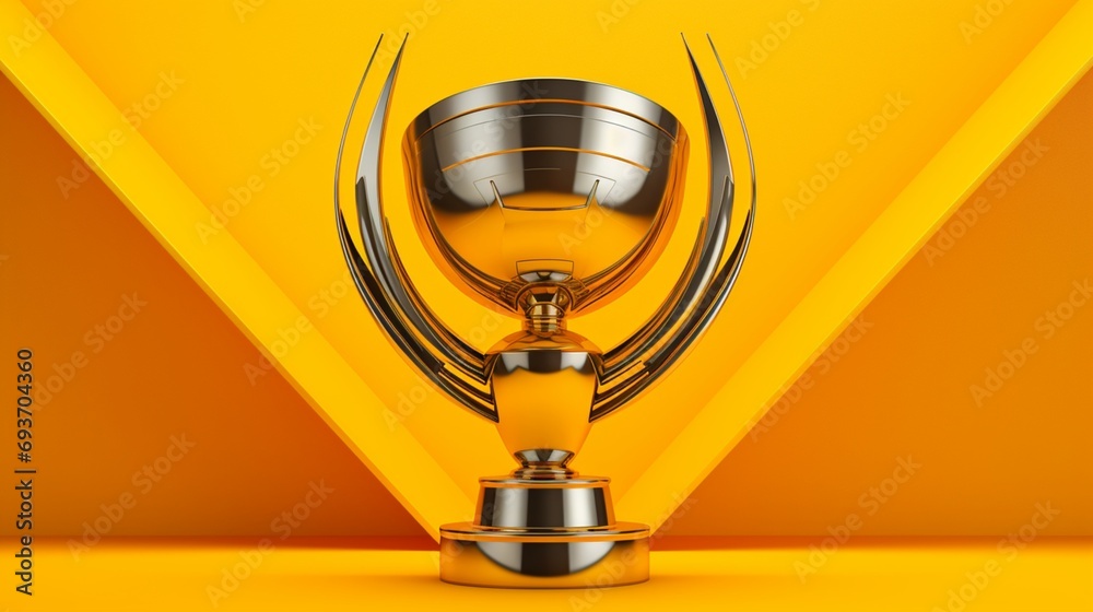 A futuristic trophy made of metallic materials, standing out on a vibrant yellow background.