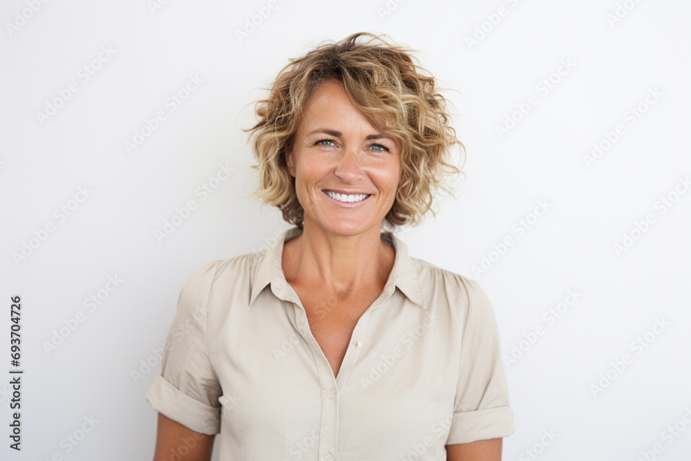 medium shot portrait photography of a woman in her 40s against a light white background medium shot portrait photography of a woman in her 40s against a light white background
