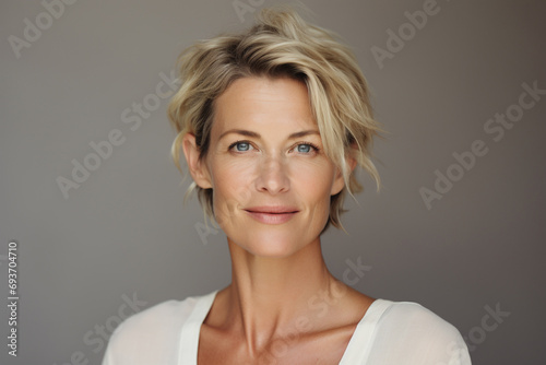 medium shot portrait photography of a woman in her 40s against a light white background