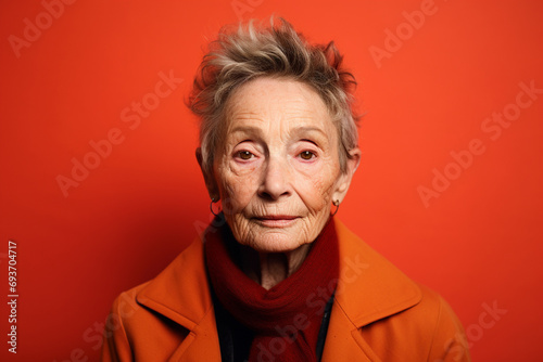 medium shot portrait photography of a woman in her 60s against a light red background © PhotoFlex