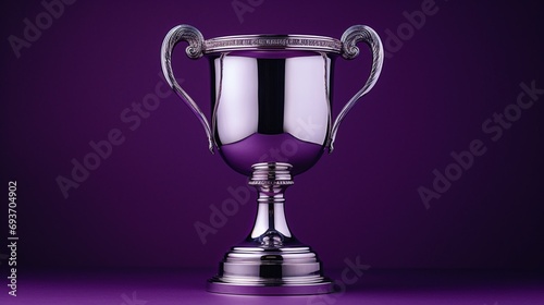 A silver championship cup with a reflective surface, standing boldly on a deep plum background.