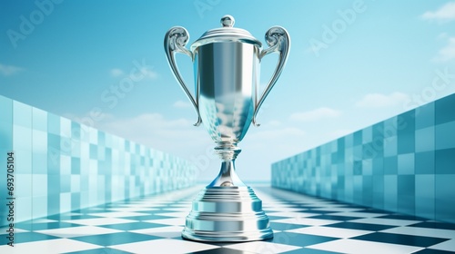 A trophy with a geometric design, catching the spotlight on a bright sky-blue surface.