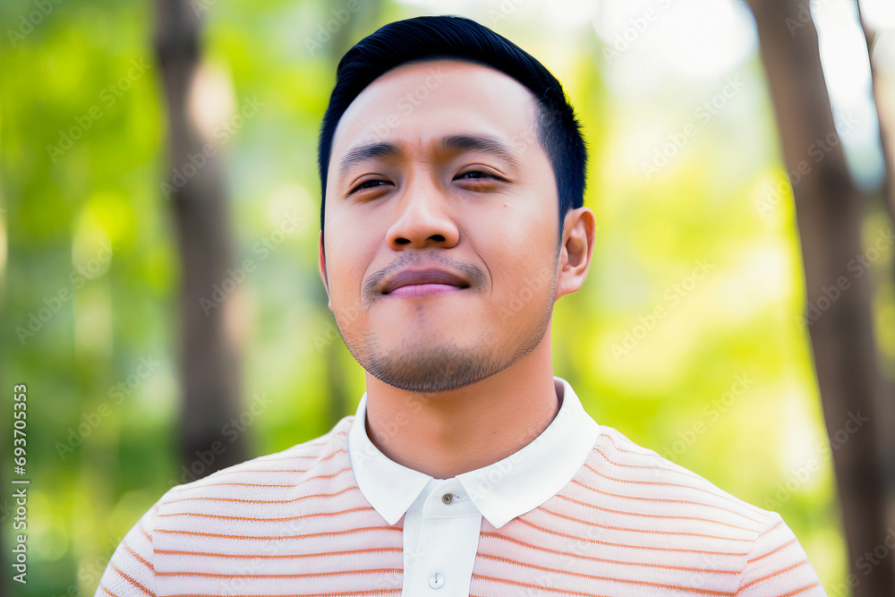 A asian Man in a Striped Shirt Looking at the Camera