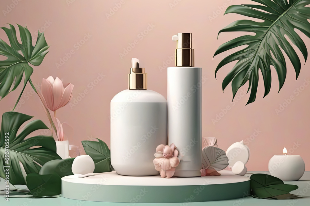 Luxury skincare concept 3D shampoo mock up on cube podium with tropical leaves Beauty product ad template 