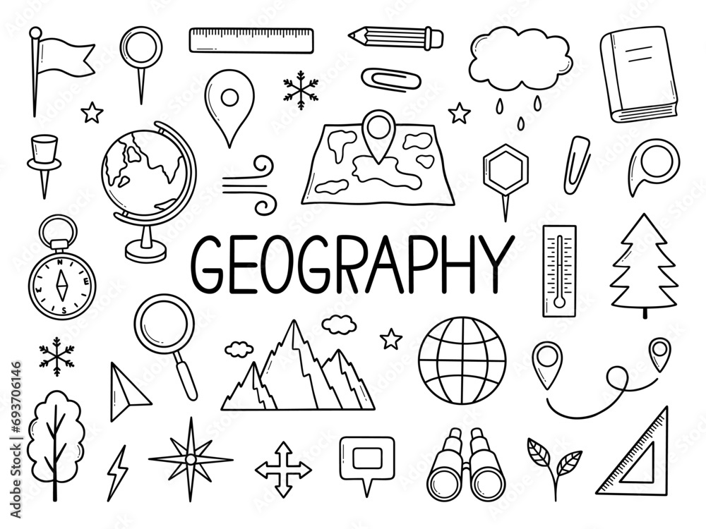 Geography doodle set. Education and study concept. map, globe, compass in sketch style. Hand drawn vector illustration isolated on white background Geography doodle set. Education and study concept. map, globe, compass in sketch style. Hand drawn vector illustration isolated on white background