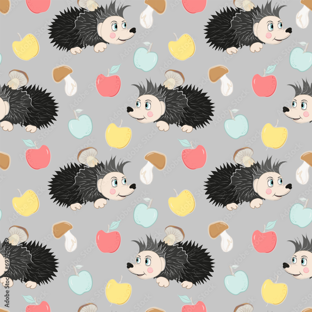 Obraz premium Seamless pattern with cartoon hedgehog and colorful apples. Vector. Suitable for a children's room, wallpaper or for prints on clothes, textiles, cards, packaging.