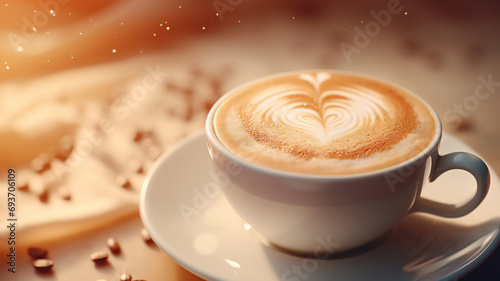 Cup of Cappuccino with milk foam and chocolate close up view background. Coffee drink. 