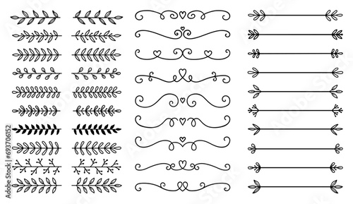 Laurel and floral text dividers doodle set. Wedding decorative elements with leaves and flowers. Branches, divider ornament, borders, lines. Hand drawn vector illustration isolated on white background