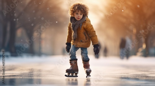 Young caucasian boy skates on rink