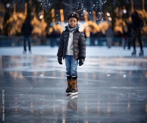 African american boy skates on city skate rink