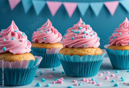 Cupcake with pink and blue frosting gender reveal conception. Generative AI