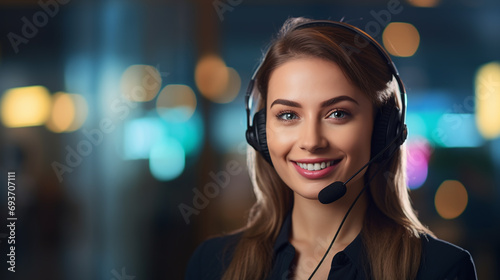 Young female telemarketer or call center agent with headset working on support hotline in modern office.