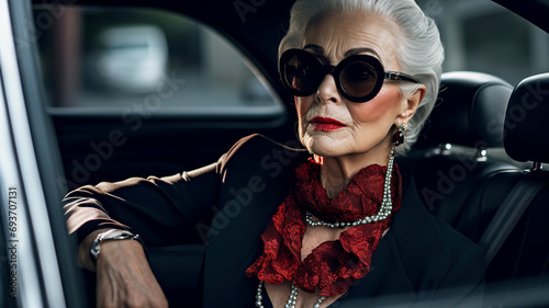 Elegant mature woman sitting on passenger seat of car. Self-confident senior woman looking car window. Old woman in elegant business suit and glasses. Elderly businesswoman in sunglasses. photo