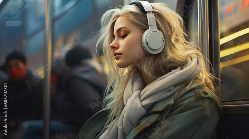 Potrait of young women listening to a music inside a train. photo