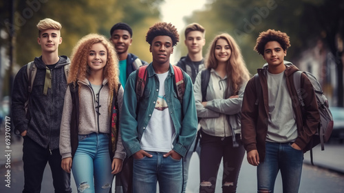 Group of multi ethnic students friends smiling to camera in high school