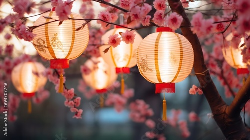 Illuminated lanterns with cherry blossoms at dusk. Traditional Asian festival. photo