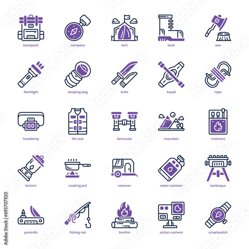 Camping icon pack for your website design, logo, app, and user interface. Camping icon dual tone design. Vector graphics illustration and editable stroke.