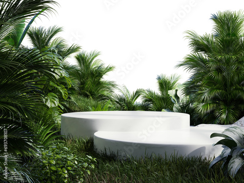 White podium in tropical forest for product presentation and on transparent background.3d rendering