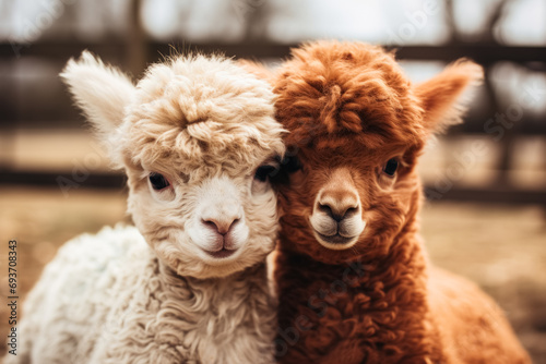 Two fluffy alpacas, one white and one brown, stand close together, looking at the camera.
