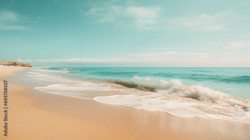 A wide sandy beach with clear turquoise water under a blue sky, waves gently breaking on the shore.